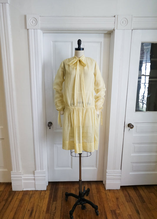 1920s Lemon Yellow Gauze Day Dress
