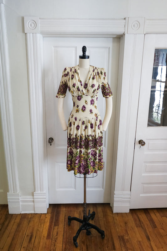 Late 1930s Floral Rayon Jersey Dress