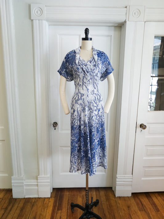 1940s Volup Blue Floral Chiffon Dress