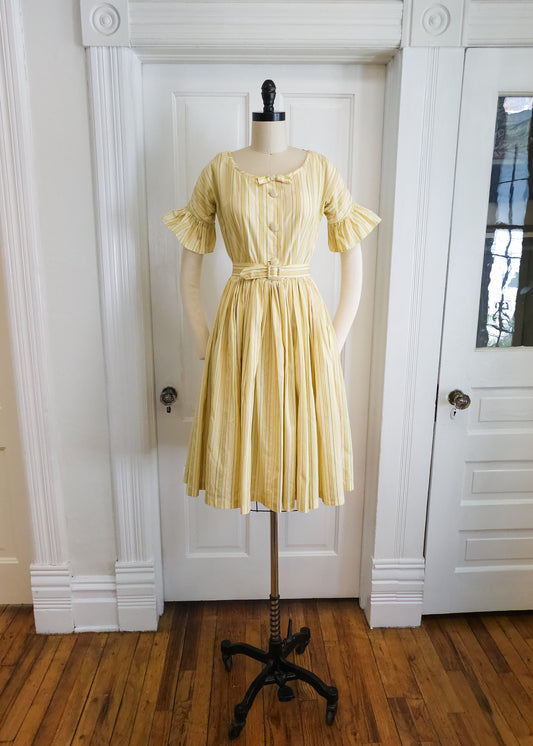 Late 1950s Yellow Striped Cotton Dress With Belt